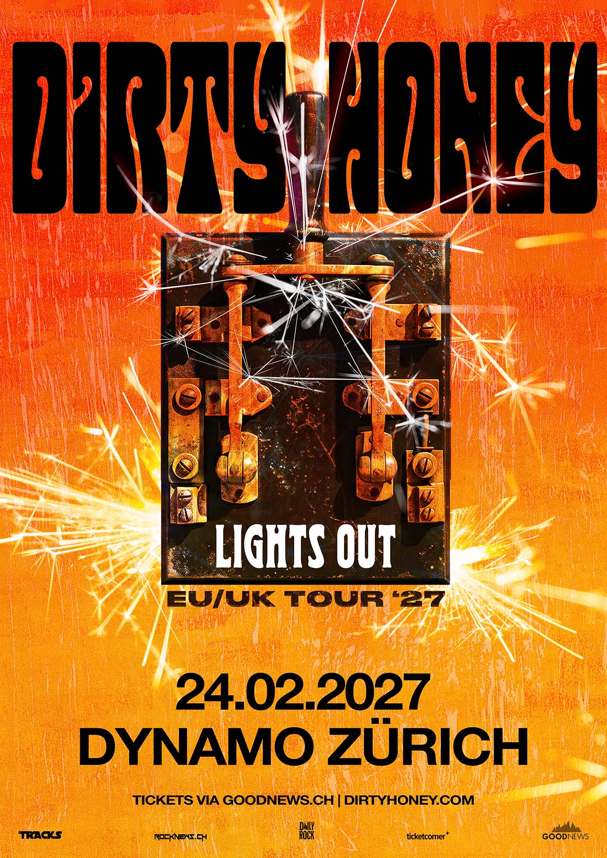 Affiche de Dirty Honey, Lights Out EU/UK Tour, le 24 février 2027 au Dynamo de Zurich.